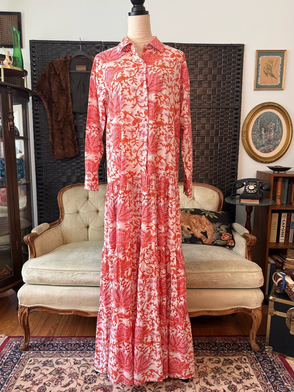 🌺 Guadalupe Design Meredith Floral Maxi Dress Coral Pink Cotton Tiered Boho M - Picture 3 of 12